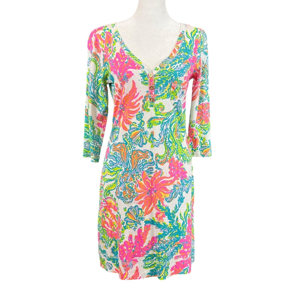 Lilly Pulitzer Henley Top Womens Small Multicolor Tropical Pima Cotton Resort